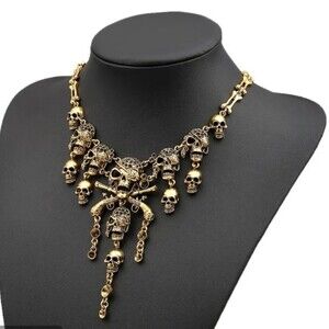 Punk Rock Skull Pirate Necklace  guns bones Gothic Halloween Gold Silver